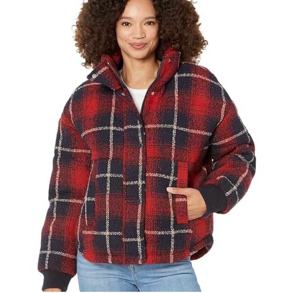 Levi's Cinch Waist Hooded Plaid Wool Puffer Jacket Red Blue